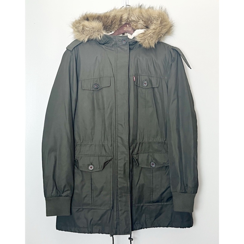 Levi's Sherpa Lined Parka Jacket Women's XL Green Utility Faux Fur Hood Military